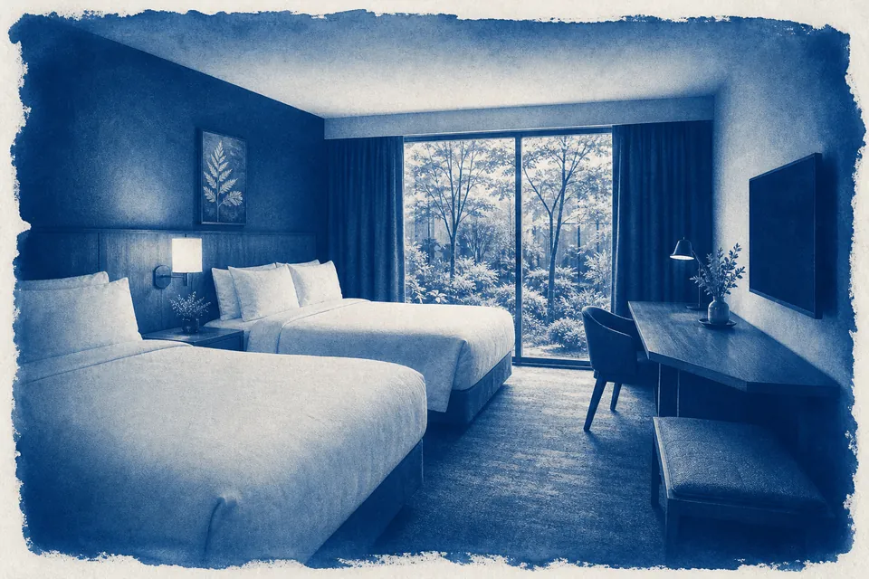 A hotel room with two queen beds and a window onto young trees