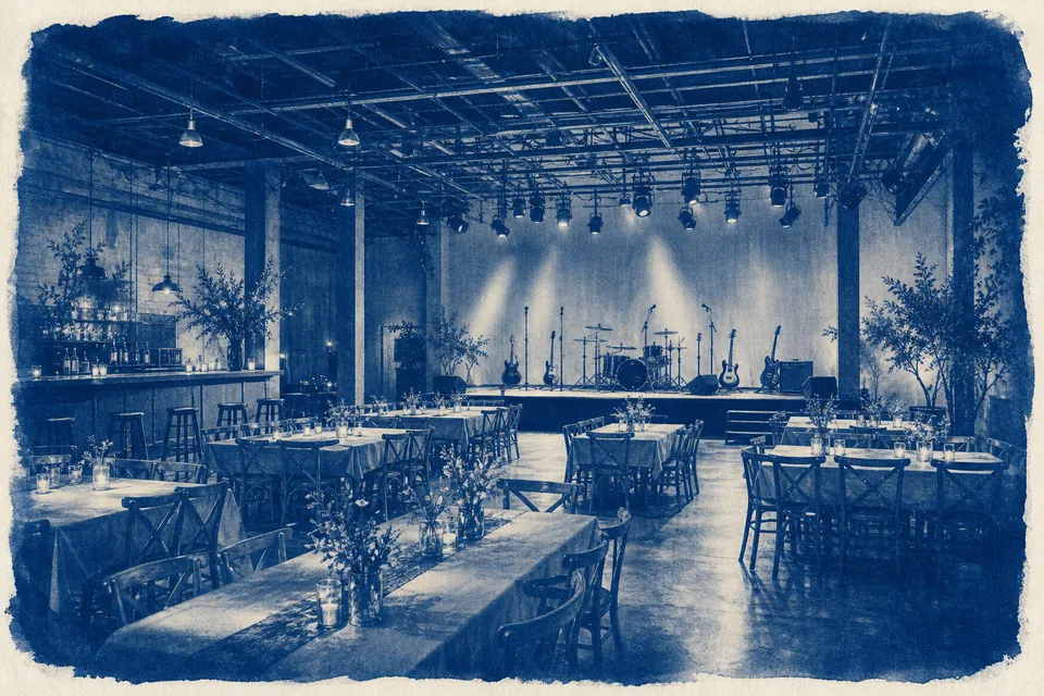 An event hall with banquet tables and a stage set for a band