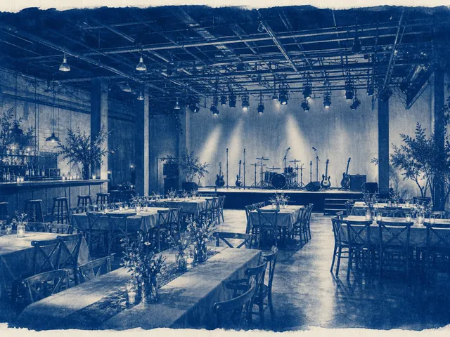 A concert hall set with tables before a show