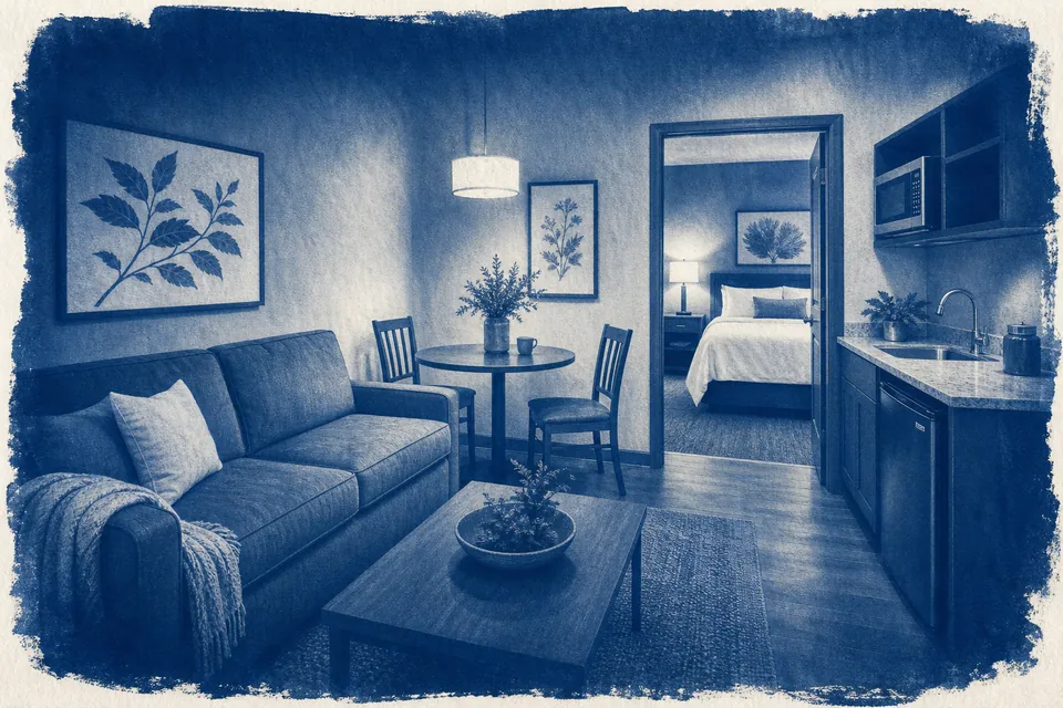 A suite living room with a sofa bed, a small table and a kitchenette