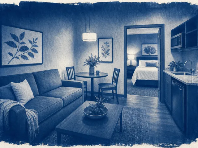 A suite living room with a kitchenette