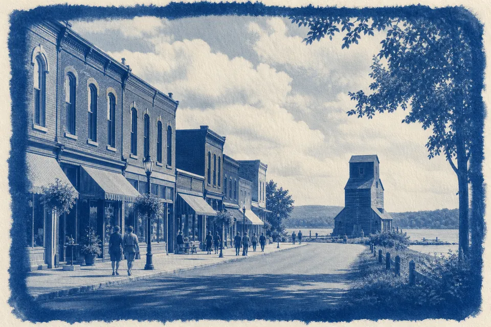 A Victorian main street with awnings and a grain elevator by the lake