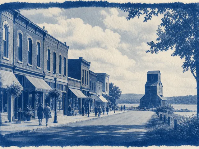 A small-town main street with an old grain elevator